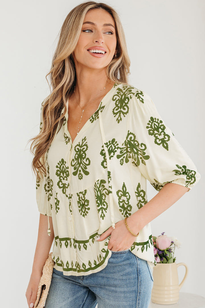 Floral Print Tie V Neck Button Down Puffy Half Sleeve Shirt