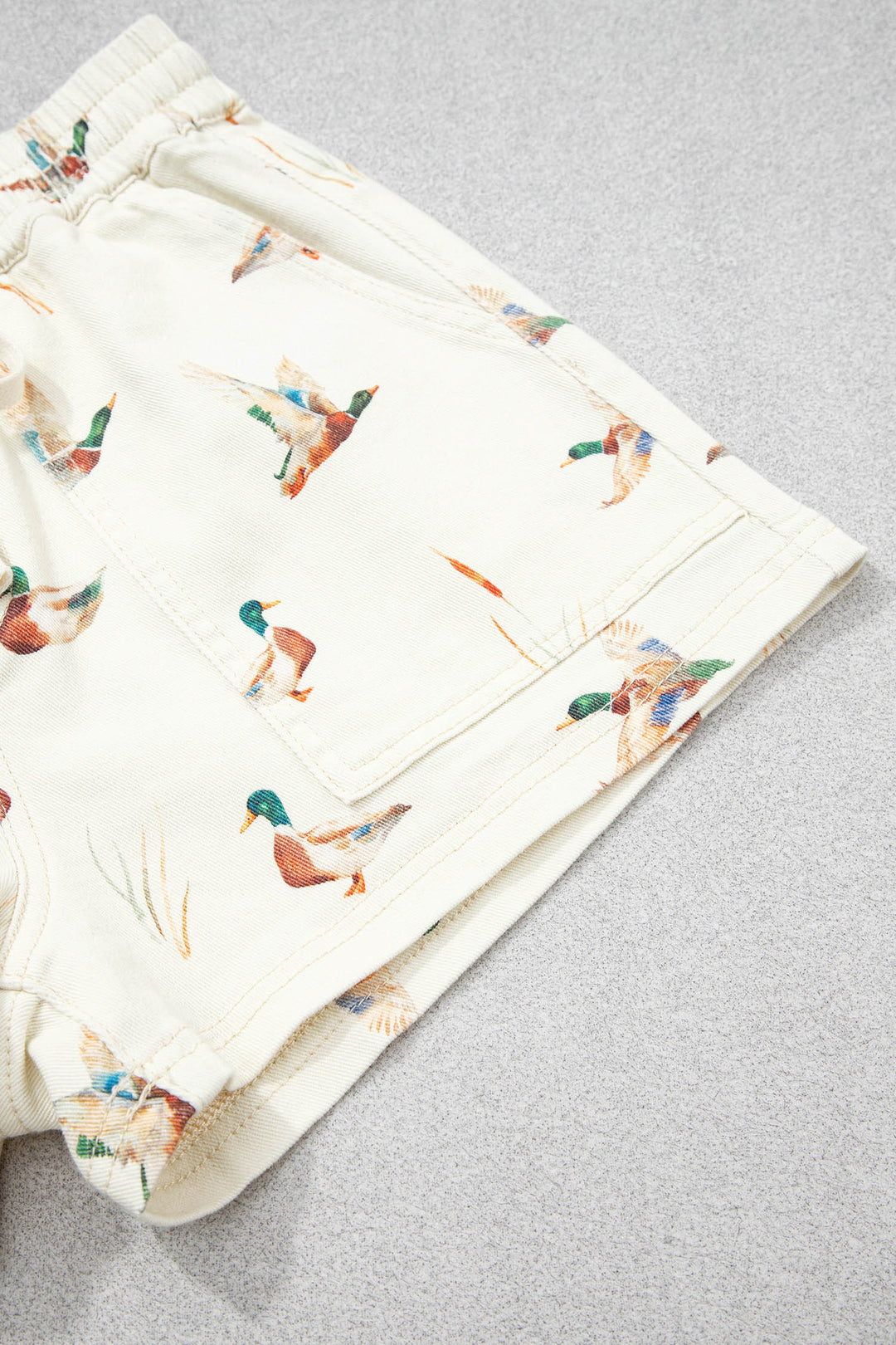 Beige Wild Duck Mallard Printed Drawstring Denim Shorts