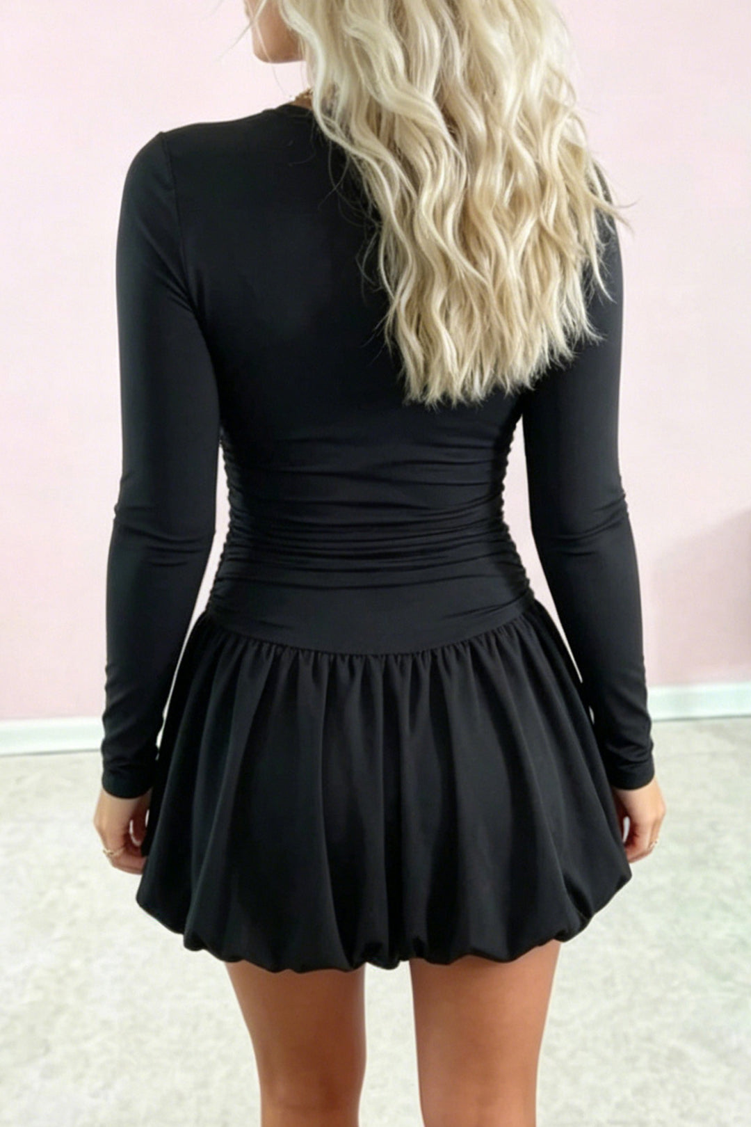 Black Solid Color Long Sleeve Bubble Hem Short Dress