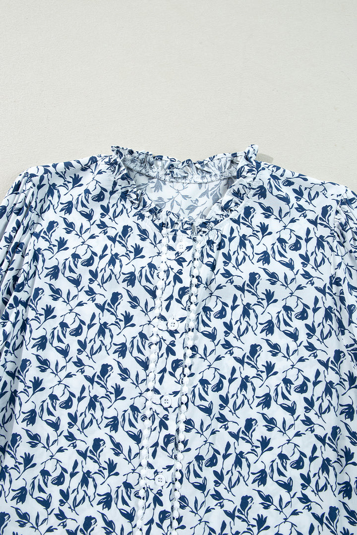 Blue Printed Lace Detail Floral Puff Sleeve Fall Shirt