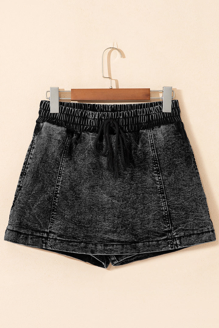 Black Drawstring Elastic Waistband Pocketed Denim Shorts