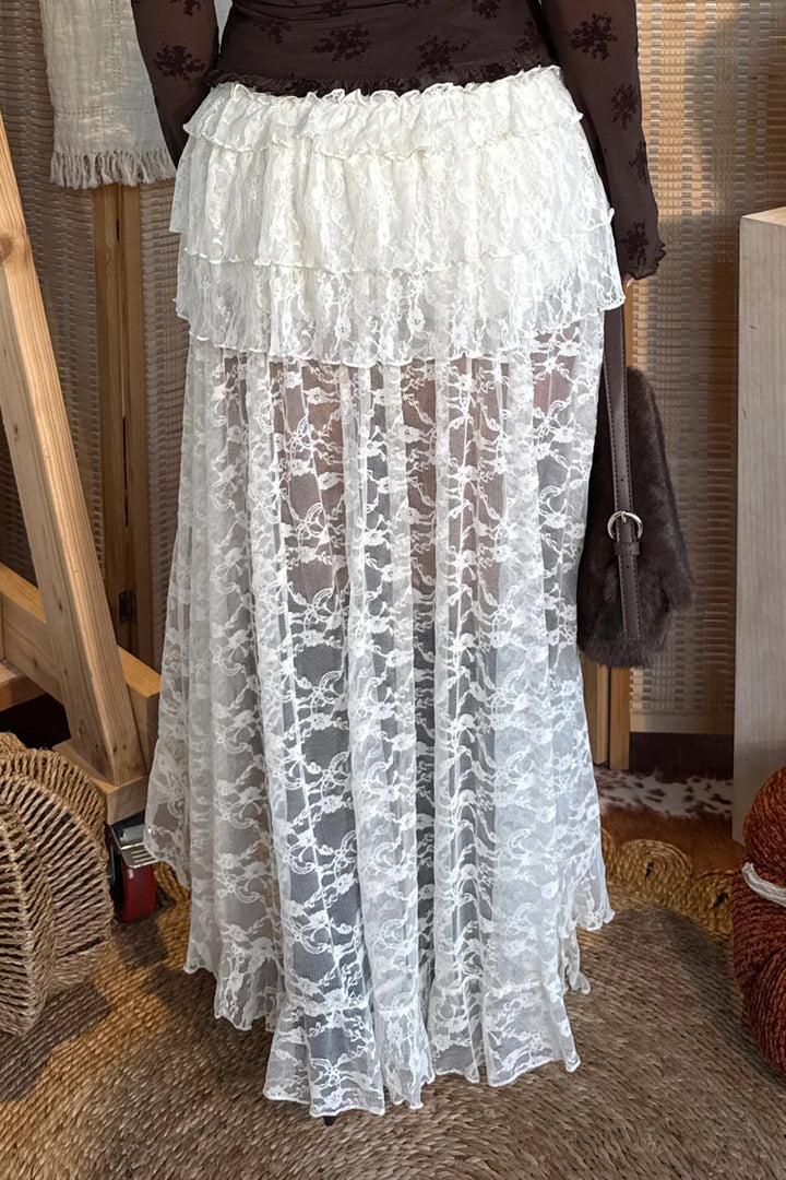 Chic White Sheer Lace Frilly Ruffles High Low Long Skirt