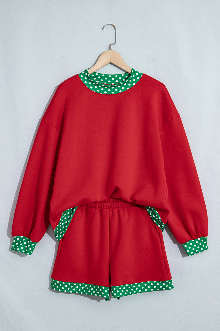 Racing Red Polka Dot Trim Baggy Pullover 2pcs Short Set