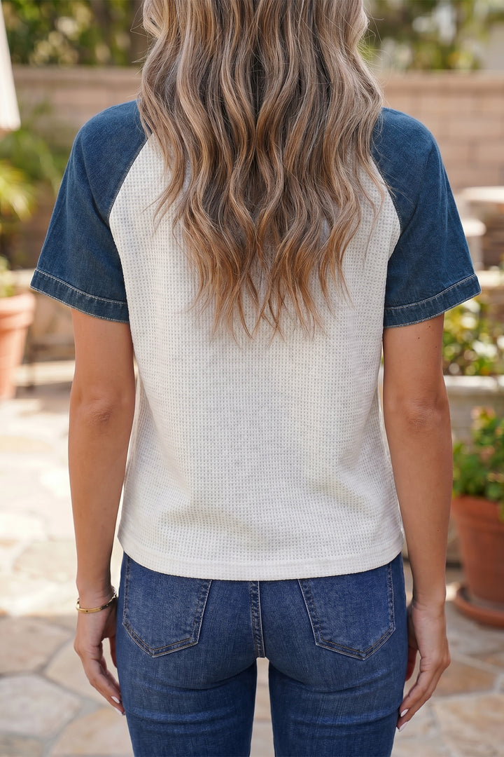 Casual White Textured Color Block Denim Patchwork Polo Collar Tee