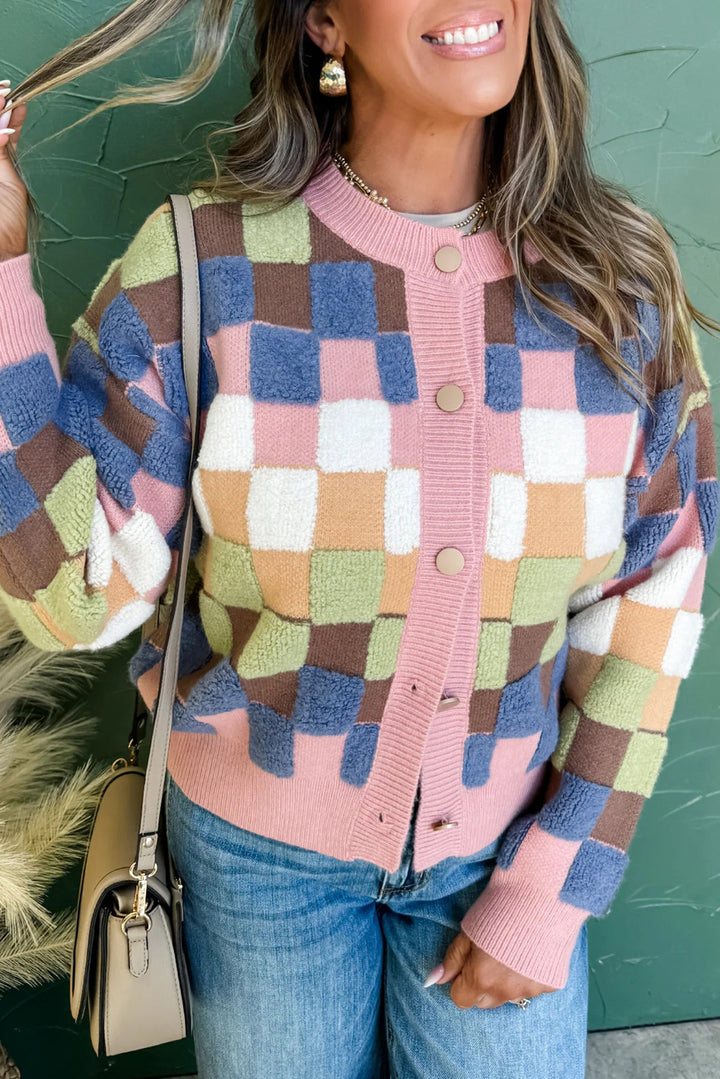 Plush Checkered Pattern Button Front Cardigan Sweater