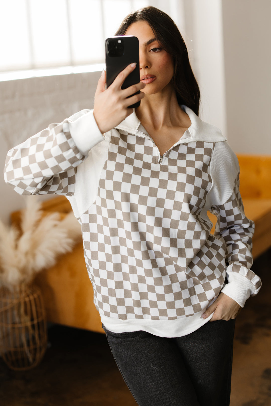 Checkered Print Quarter Zip Ribbed Patchwork Loose Sweatshirt
