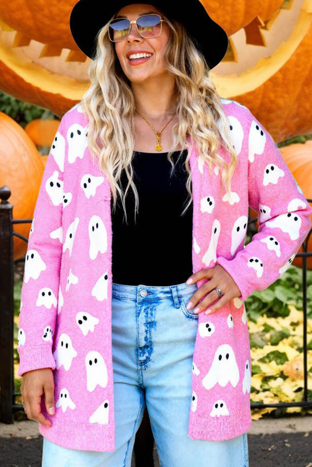 Bonbon Halloween Ghost Pattern Mid-length Knitted Cardigan