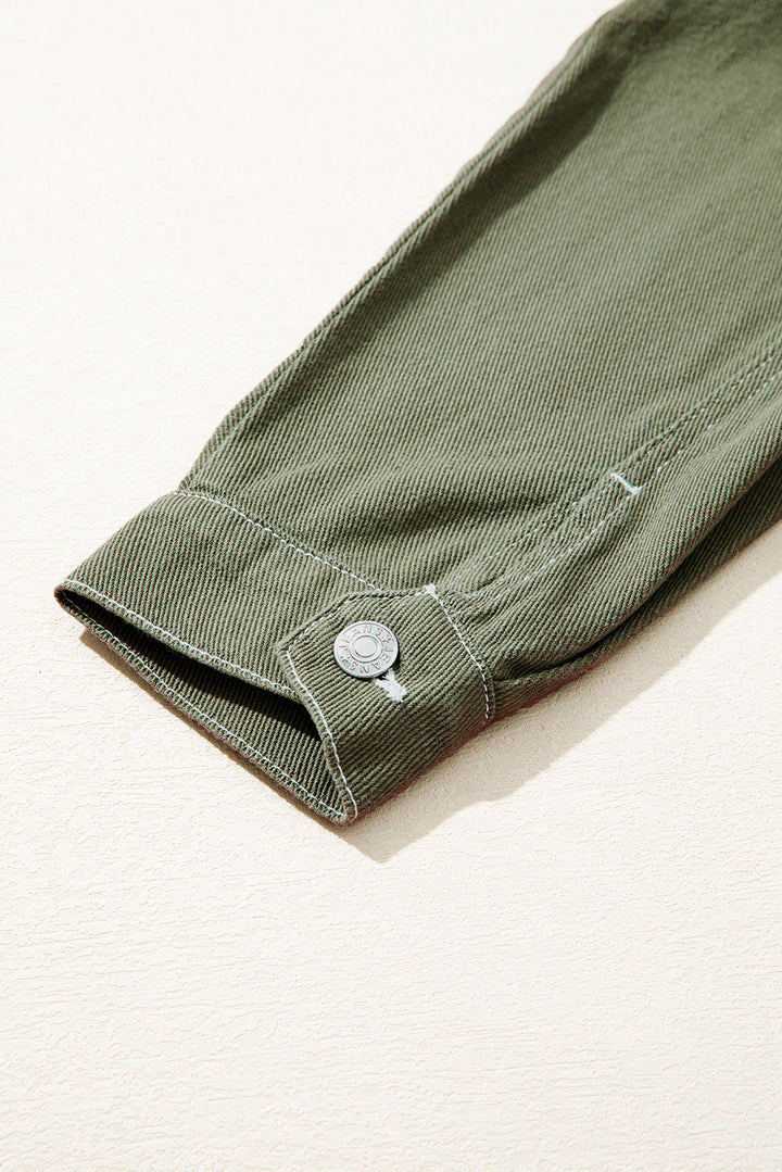 Patched Pocket Collared Button Front Boyfriend Denim Jacket