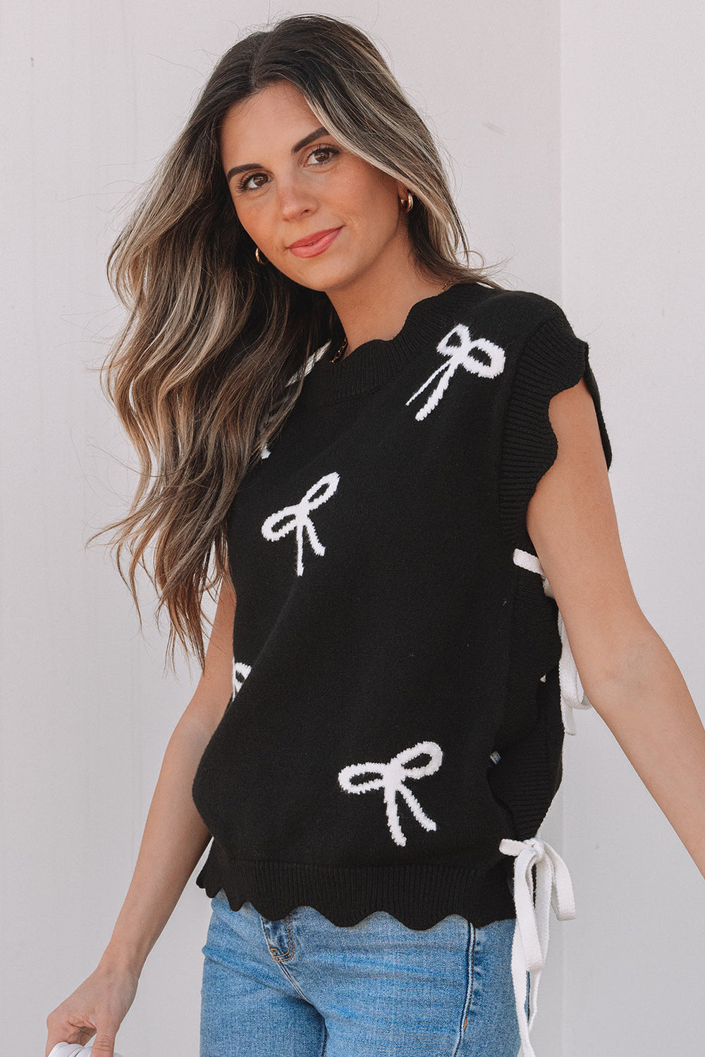 Bow Print Side Ties Scalloped Hem Sweater T Shirt