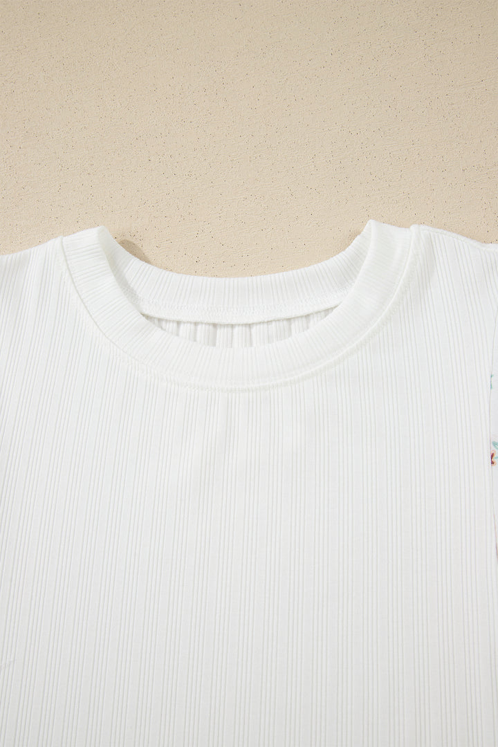 White Ribbed Texture Floral Print Half Sleeve Patchwork Top