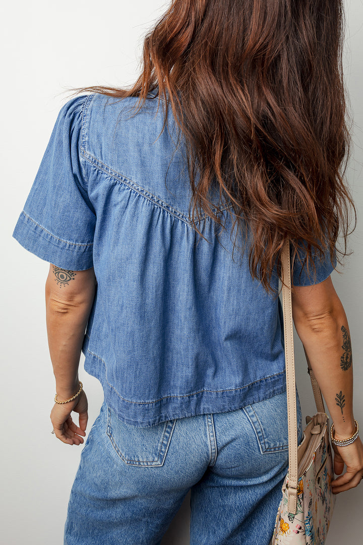Seam Pleated Detail Half Button Short Sleeve Denim Top