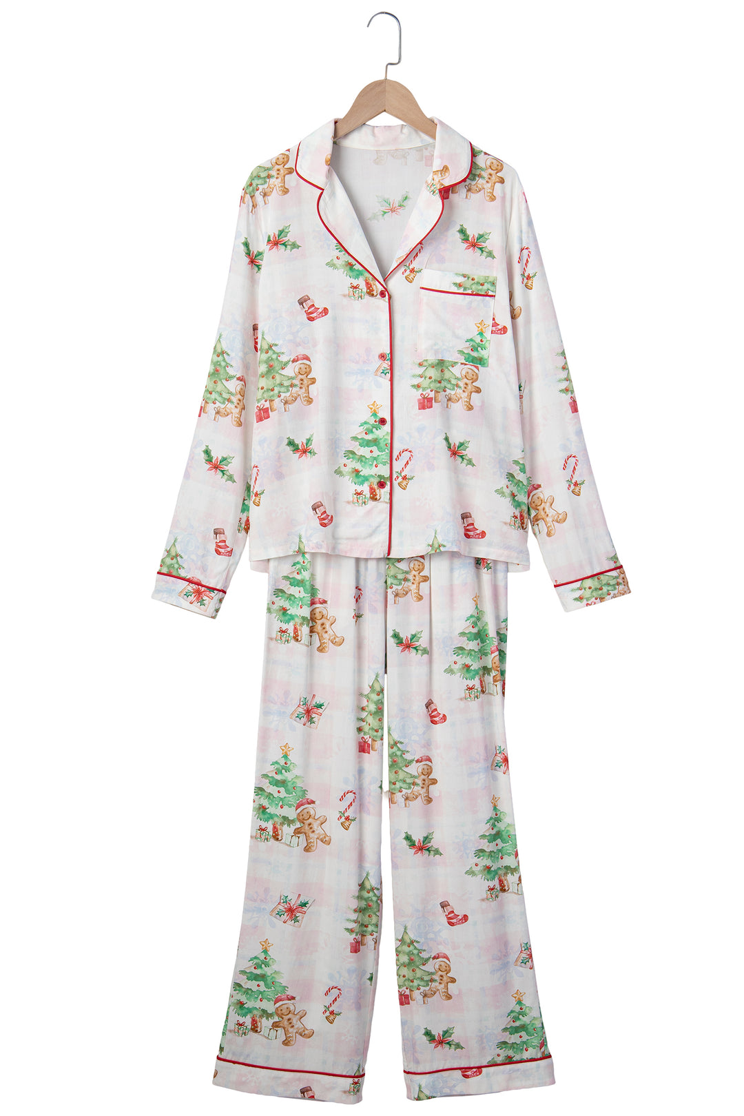 Pink Plaid Snowflake Christmas Gingerbread Man Print Long 2pcs Lounge Set