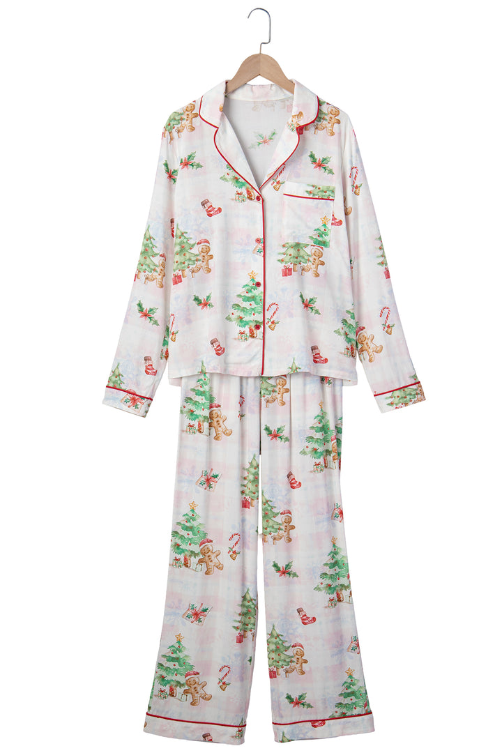 Pink Plaid Snowflake Christmas Gingerbread Man Print Long 2pcs Lounge Set
