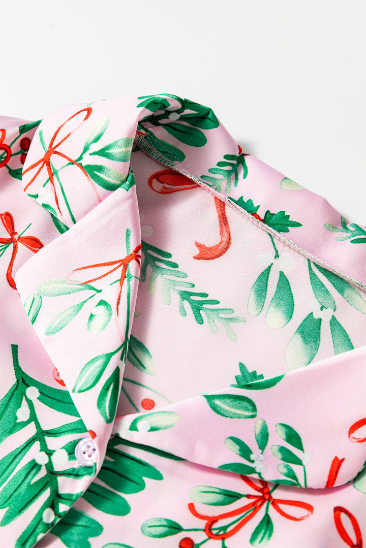 christmas berries plant print satin long sleeve pajama set