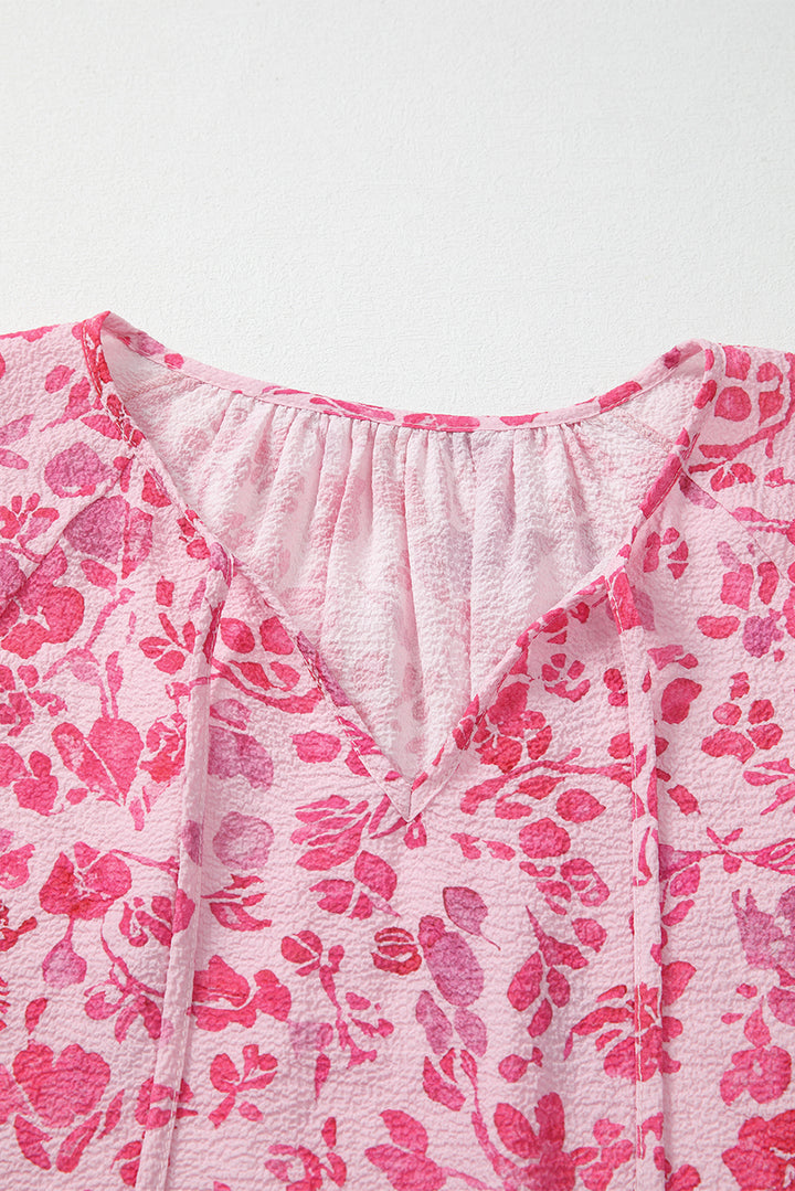 Floral Puff Sleeve Split Neck Lightweight Blouse