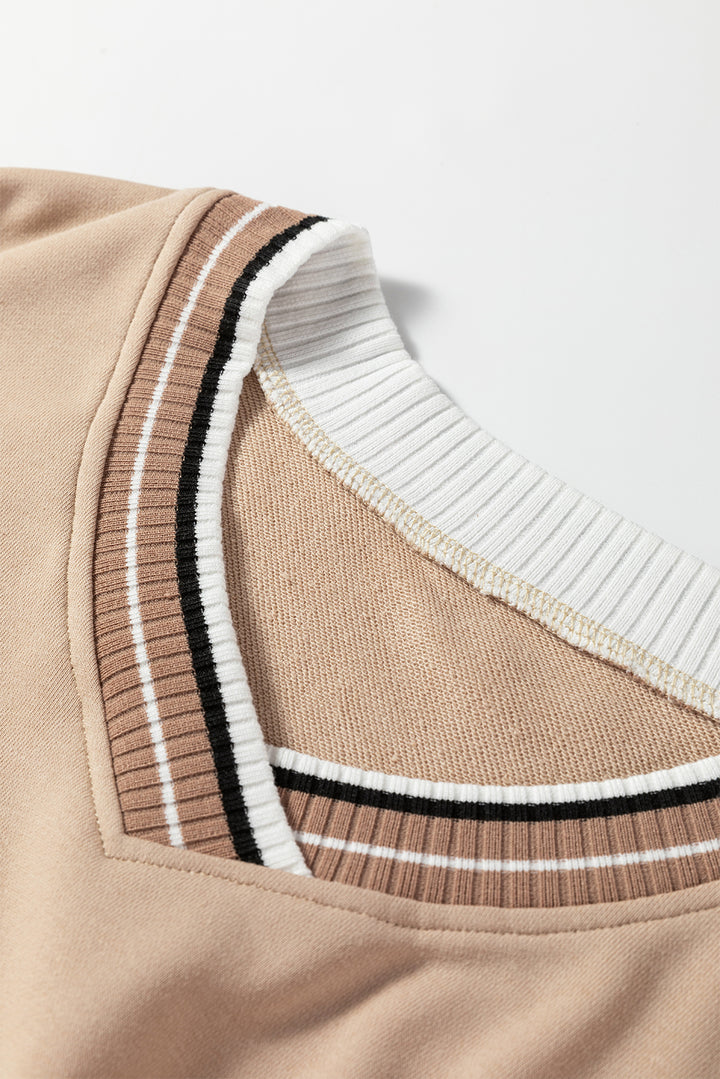 Parchment Varsity Contrast Striped Trim V Neck Sweatshirt