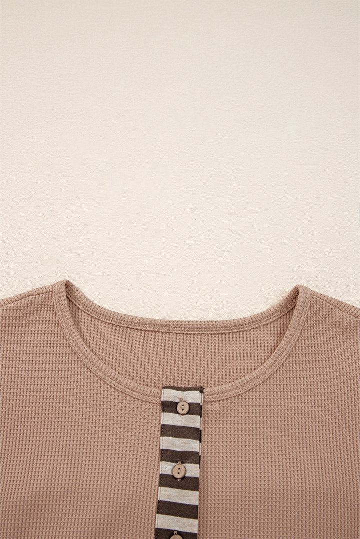 Straw Yellow Waffle Stripe Plaid Patchwork Henley Knit Top