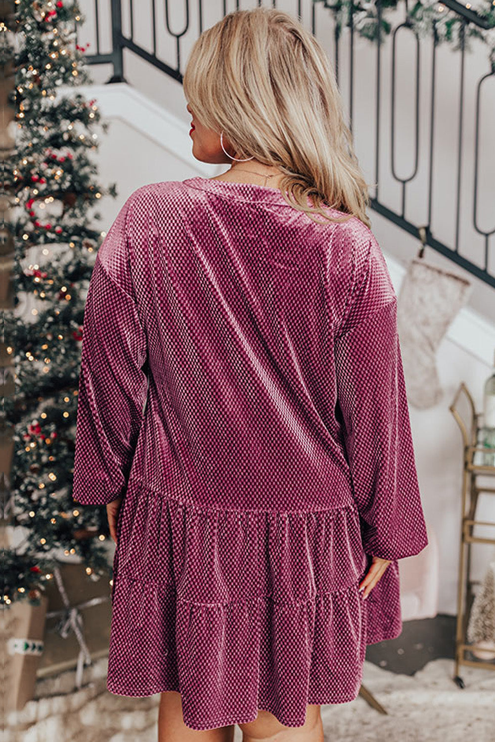 Meadow Mauve Textured Velvet Tiered Buttons Tiered  Plus Size Dress