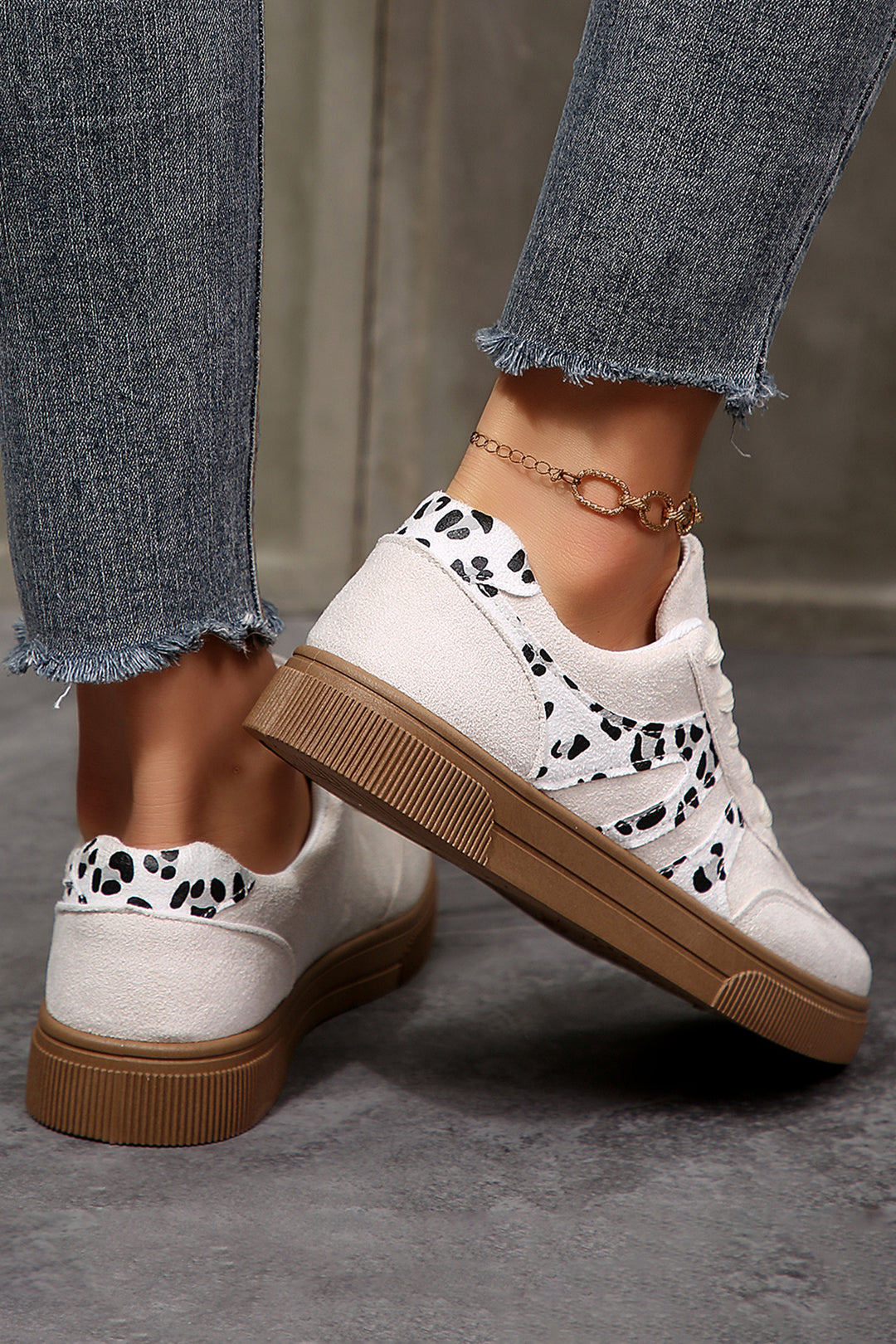 Suede Leopard Color Block Trim Lace-up Casual Shoes