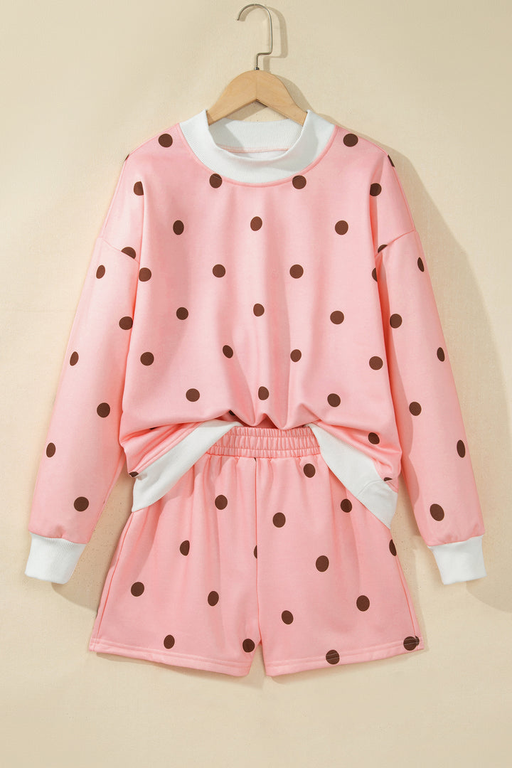 Pink Polka Dot Ribbed Trim Long Sleeve Top Casual Short Set