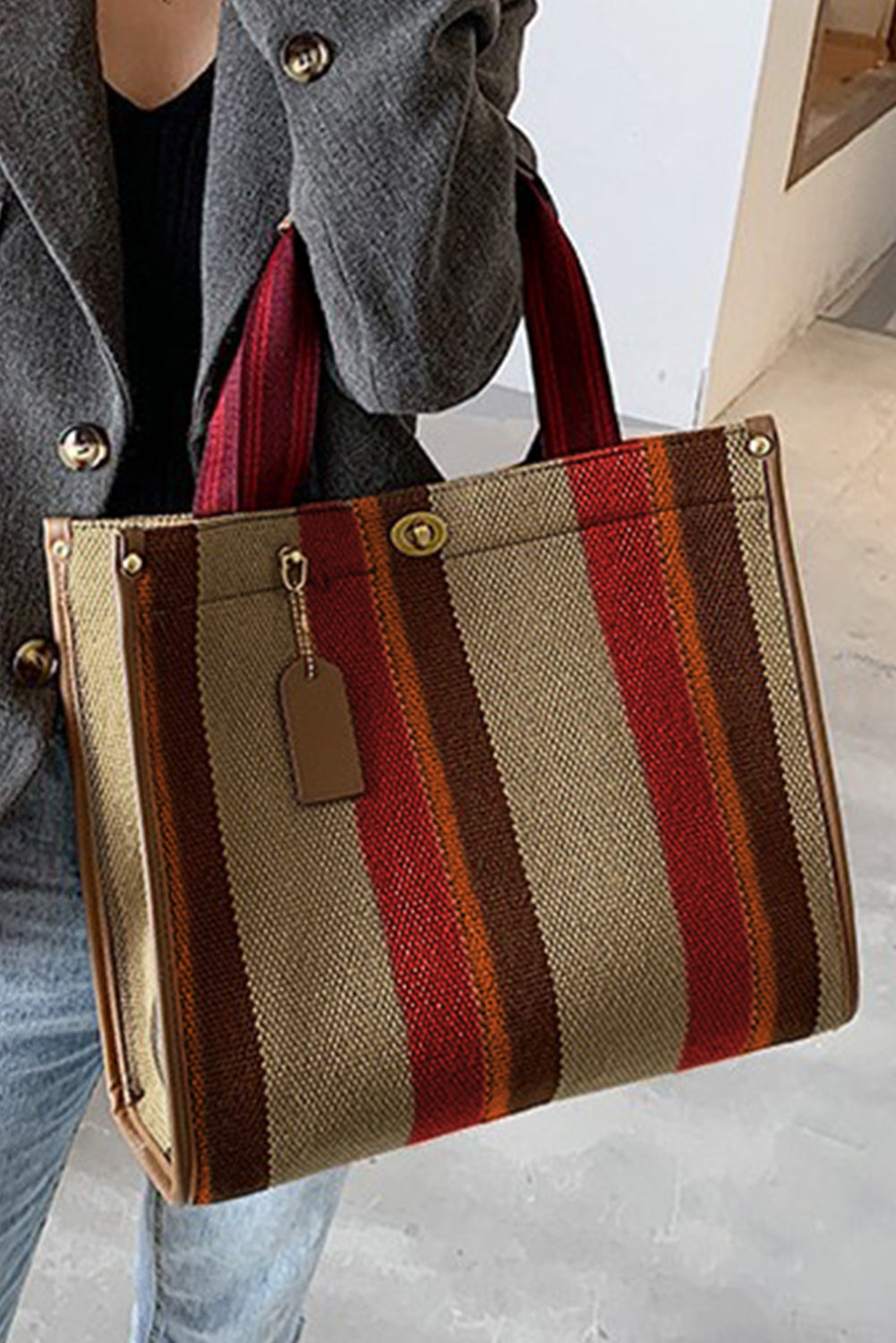 Random Cutting Color Block Canvas Large Tote Bag
