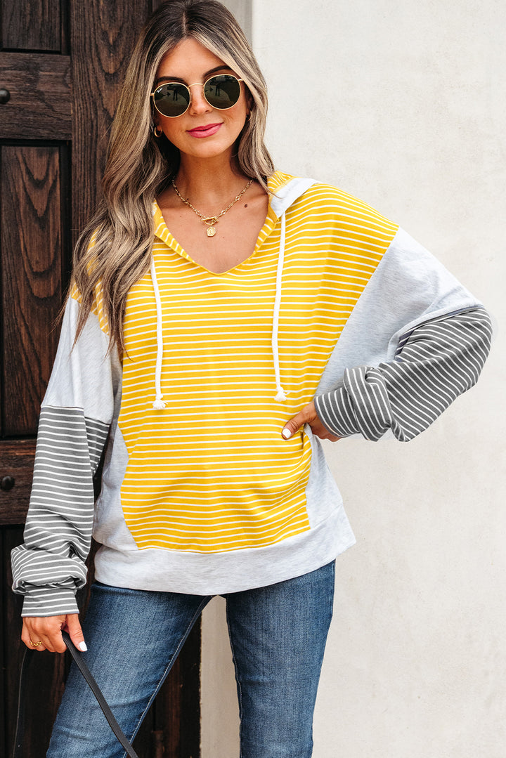 Color Block Drawstring V Neck Loose Fit Hooded Top