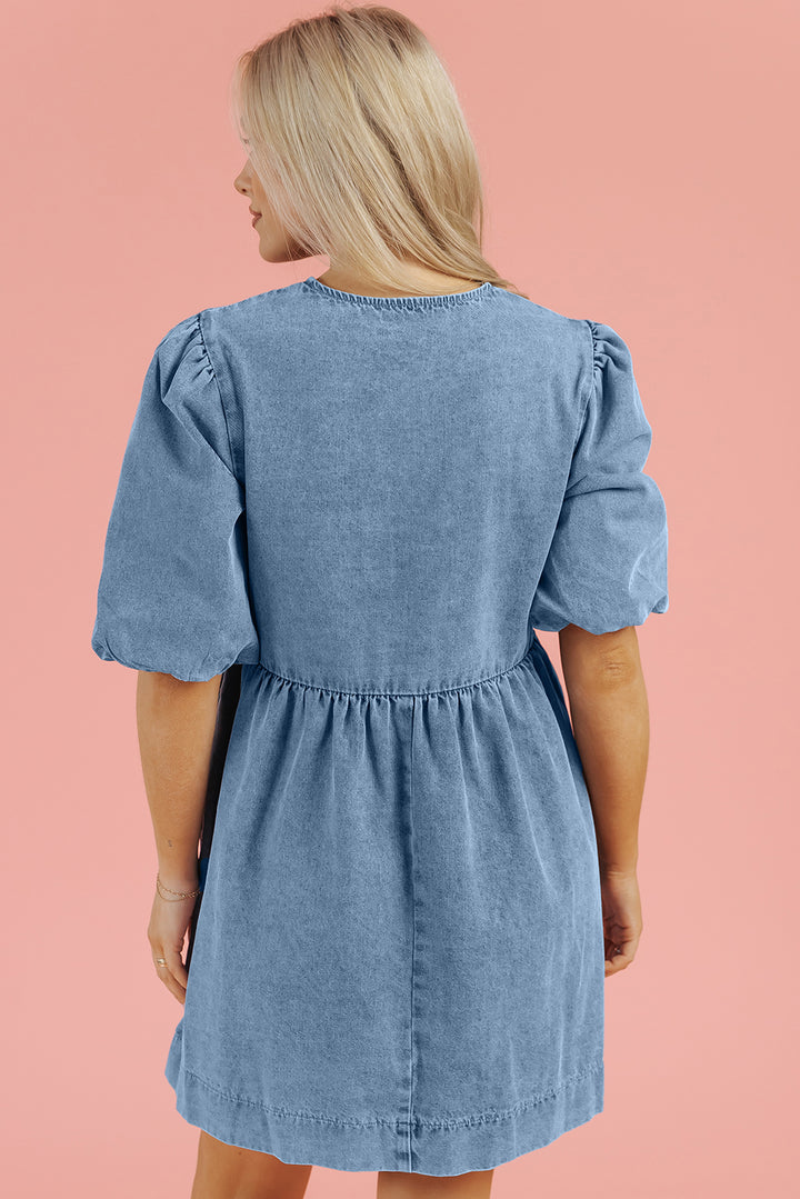 Bowknot Bubble Sleeve Short Denim Dress