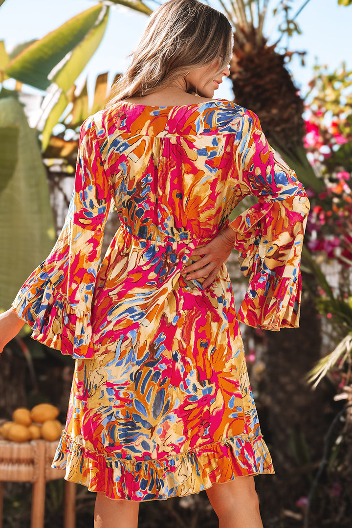 Plant Print Flared Sleeve Ruffled Hem Tunic High Waist Flowy Dress