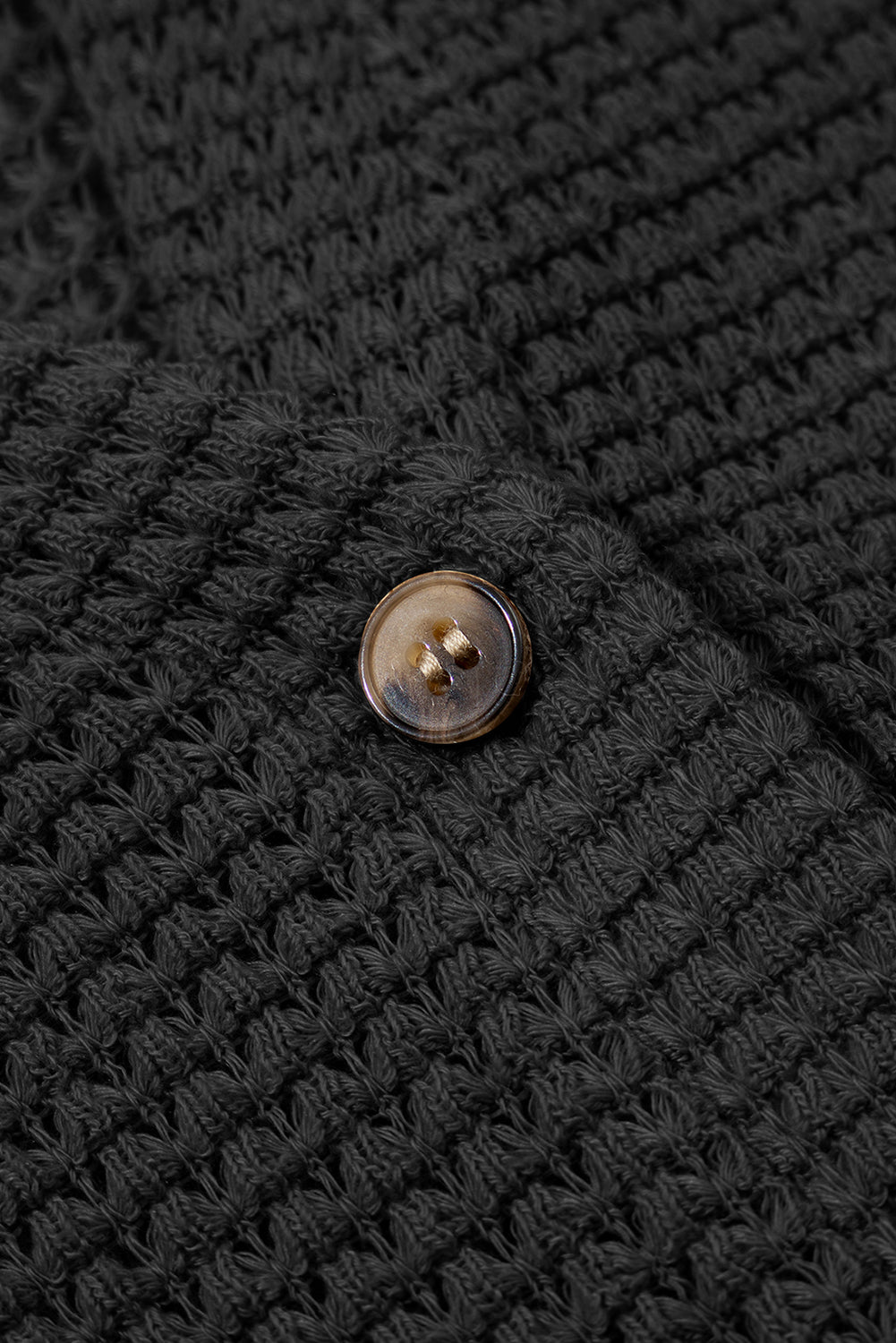 Black Button Notched Neck Waffle Knit Long Sleeve Top