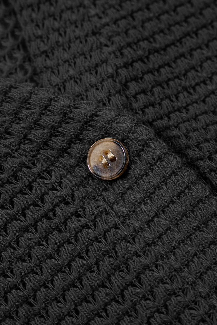 Black Button Notched Neck Waffle Knit Long Sleeve Top