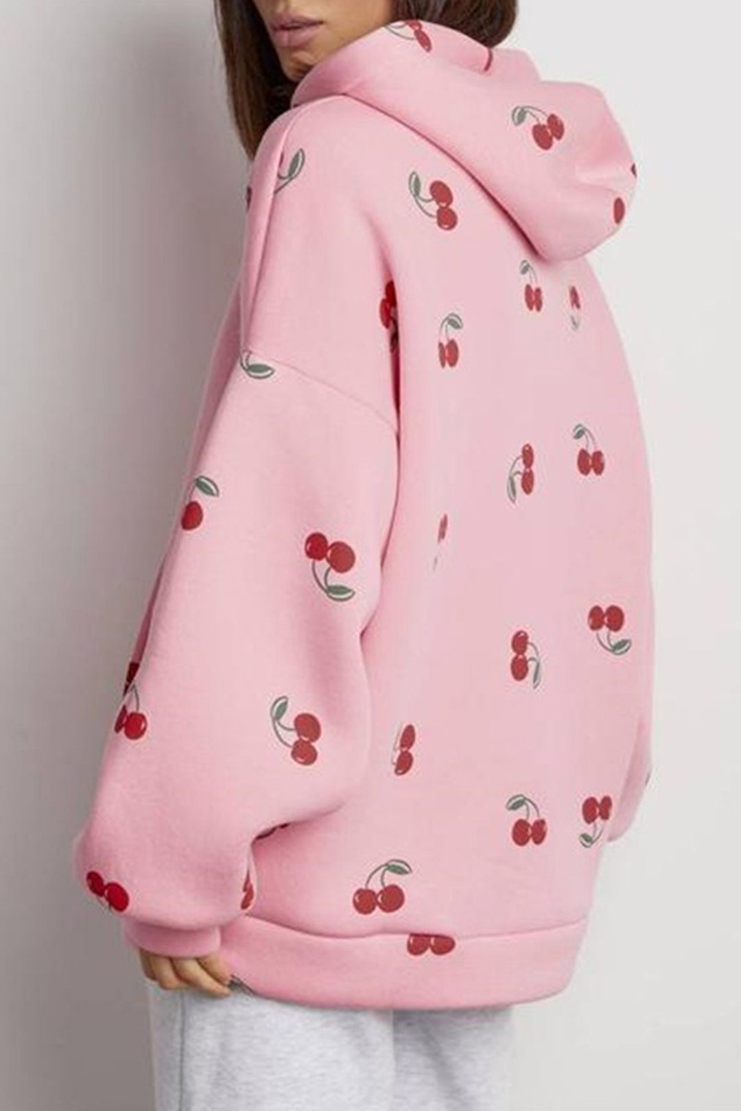 Pink Cherry Print Zip Up Pocketed Hoodie Jacket