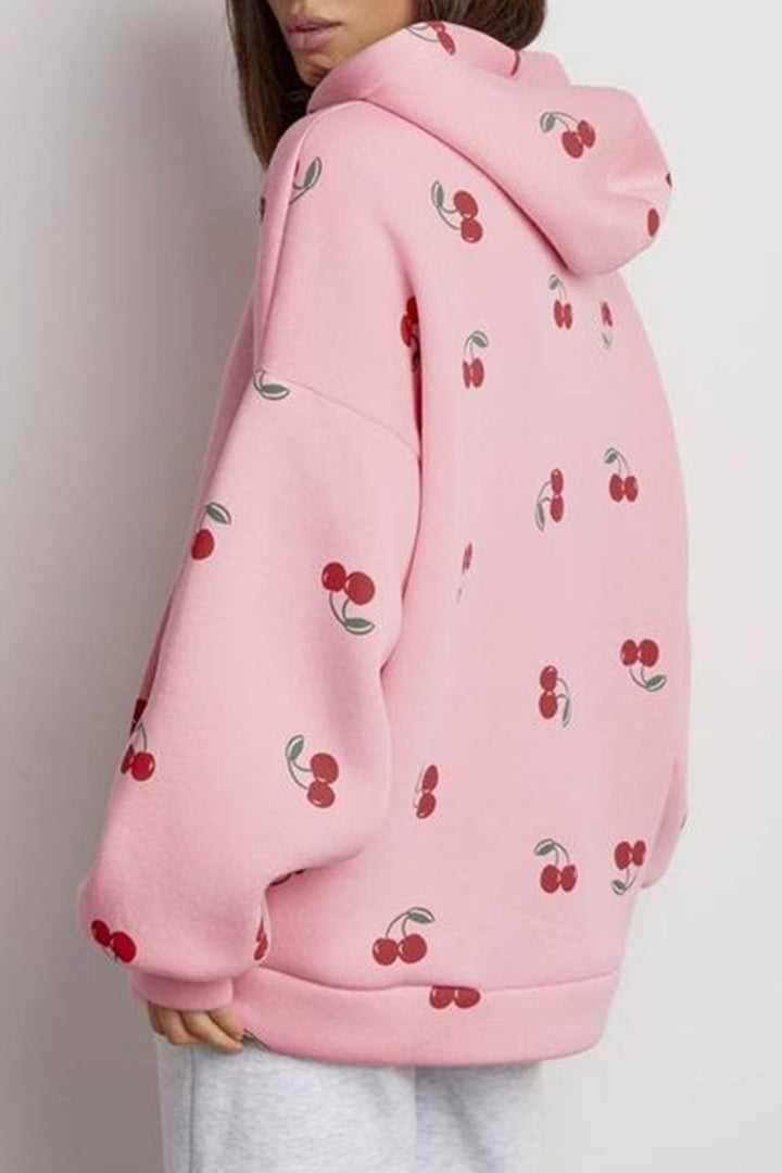 Pink Cherry Print Zip Up Pocketed Hoodie Jacket