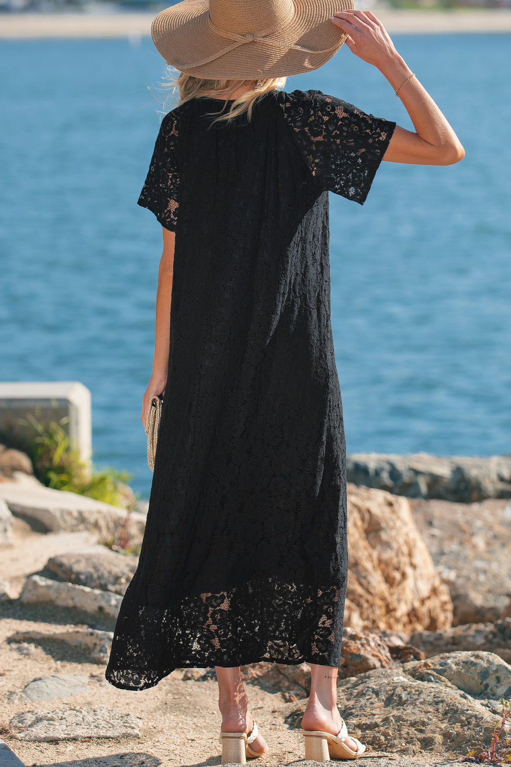 Floral Lace Overlay Tassel Tie Short Sleeve Beach Vacation Loose Maxi Dress