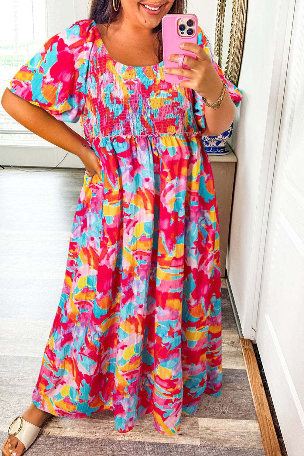 Rose Abstract Printed Square Neck Smocked Bust Tied Back Plus Size Dress