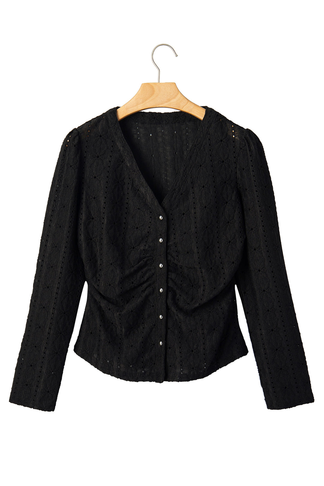 Black V Neck Floral Knit Long Sleeve Button Front Fit Blouse