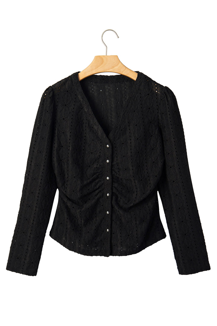 Black V Neck Floral Knit Long Sleeve Button Front Fit Blouse