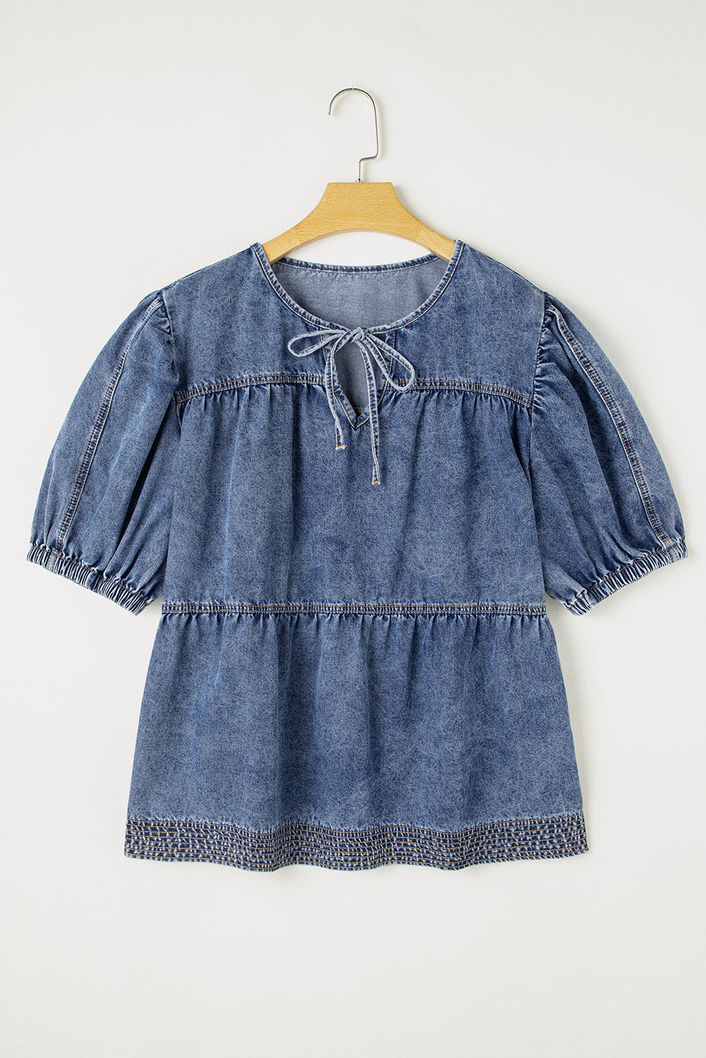 Plus Drawstring V Neck Puff Sleeve Denim Blouse