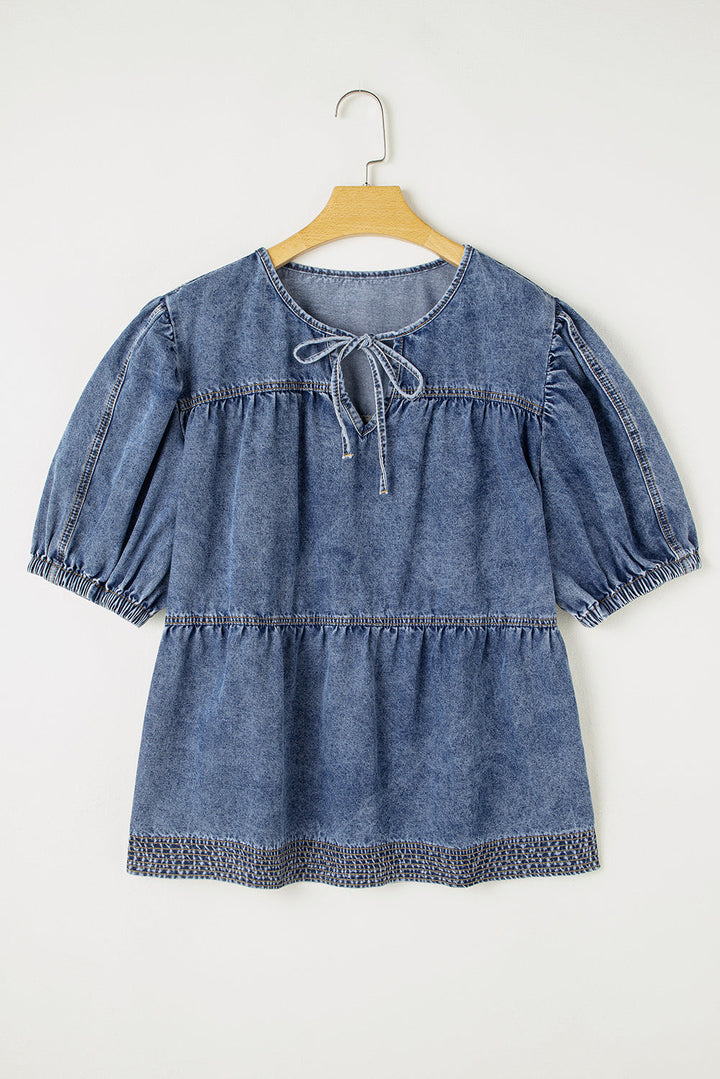 Plus Drawstring V Neck Puff Sleeve Denim Blouse