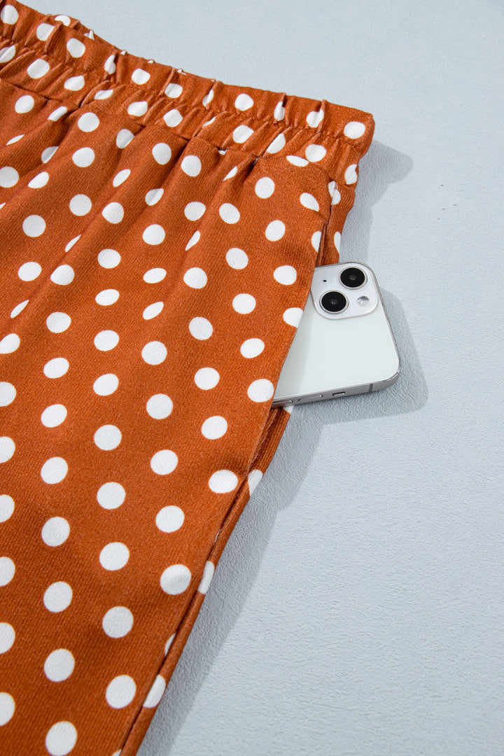 Brown Polka Dot Print Dropped Shoulder Tee Plus Size Short Set