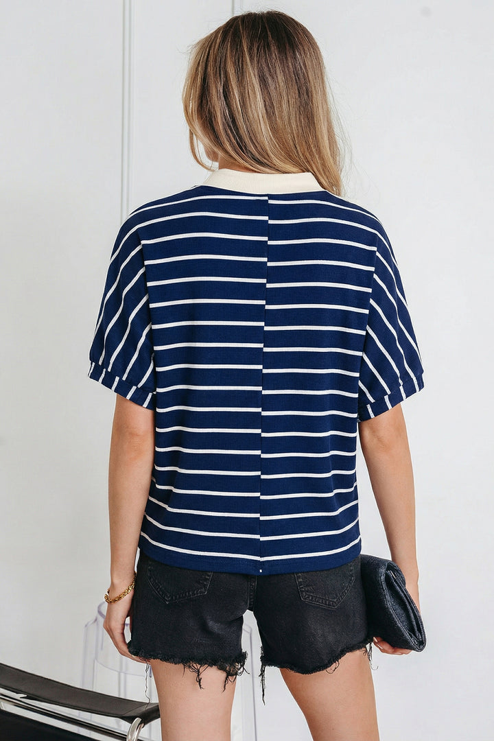 Blue Stripe Stand Collar V Neck Elastic Cuffs Half Sleeve Dolman Top