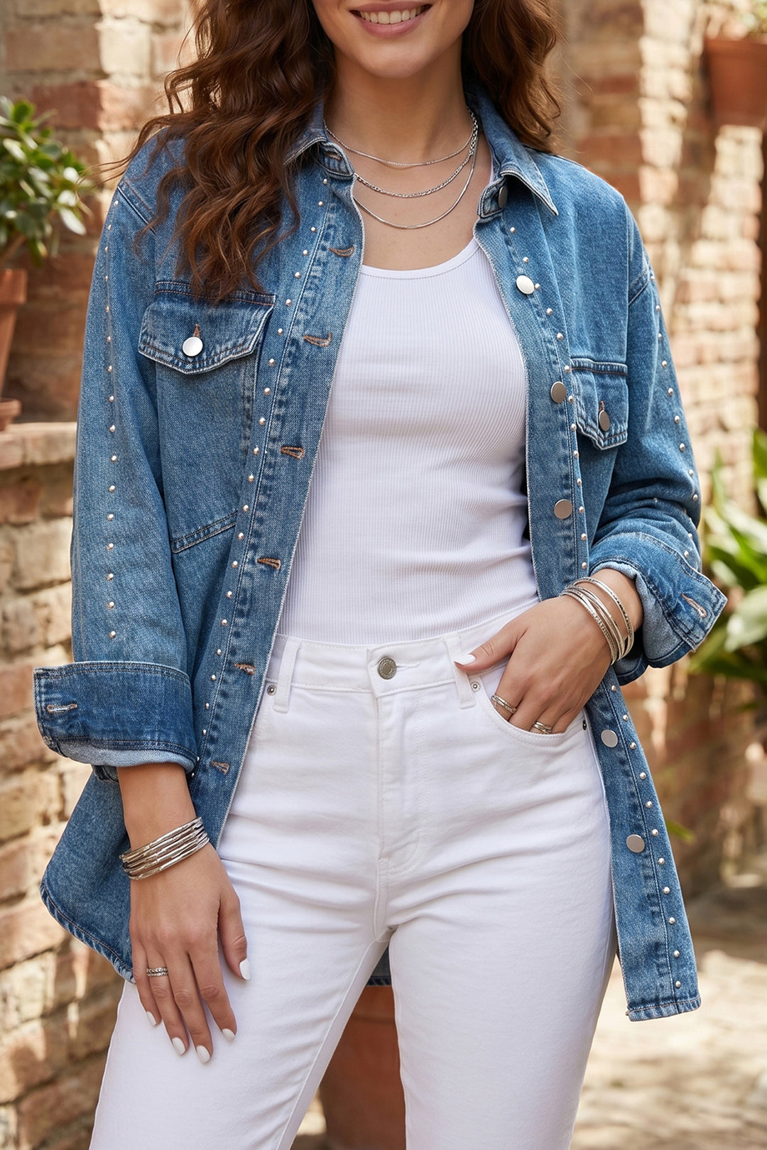 Sail Blue Rivet Embellished Western Style Regular Fit Denim Jacket