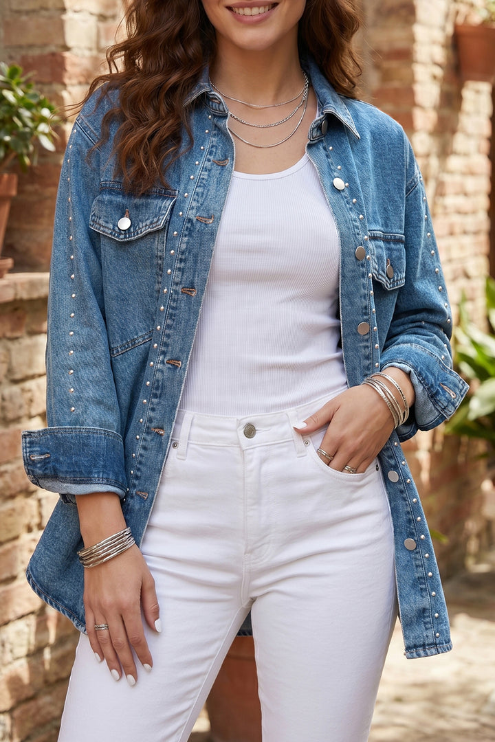 Sail Blue Rivet Embellished Western Style Regular Fit Denim Jacket