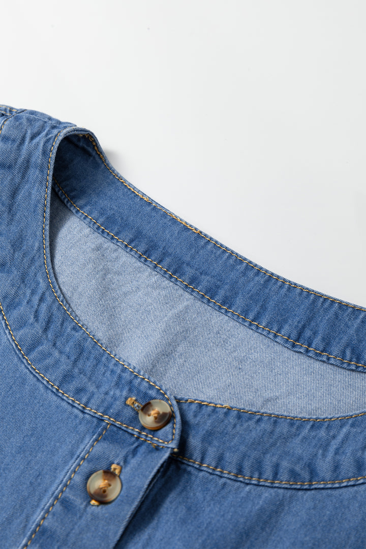 Seam Pleated Detail Half Button Short Sleeve Denim Top