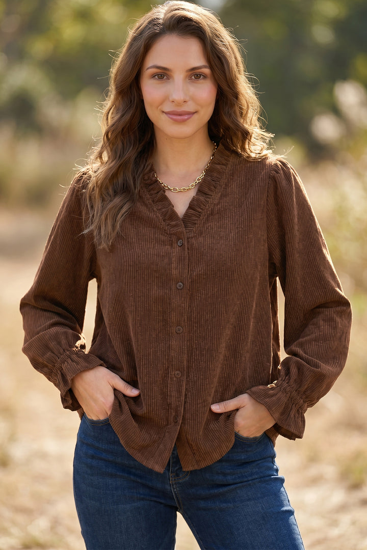 Coffee Solid Color Long Sleeve Button Corduroy Shakcet