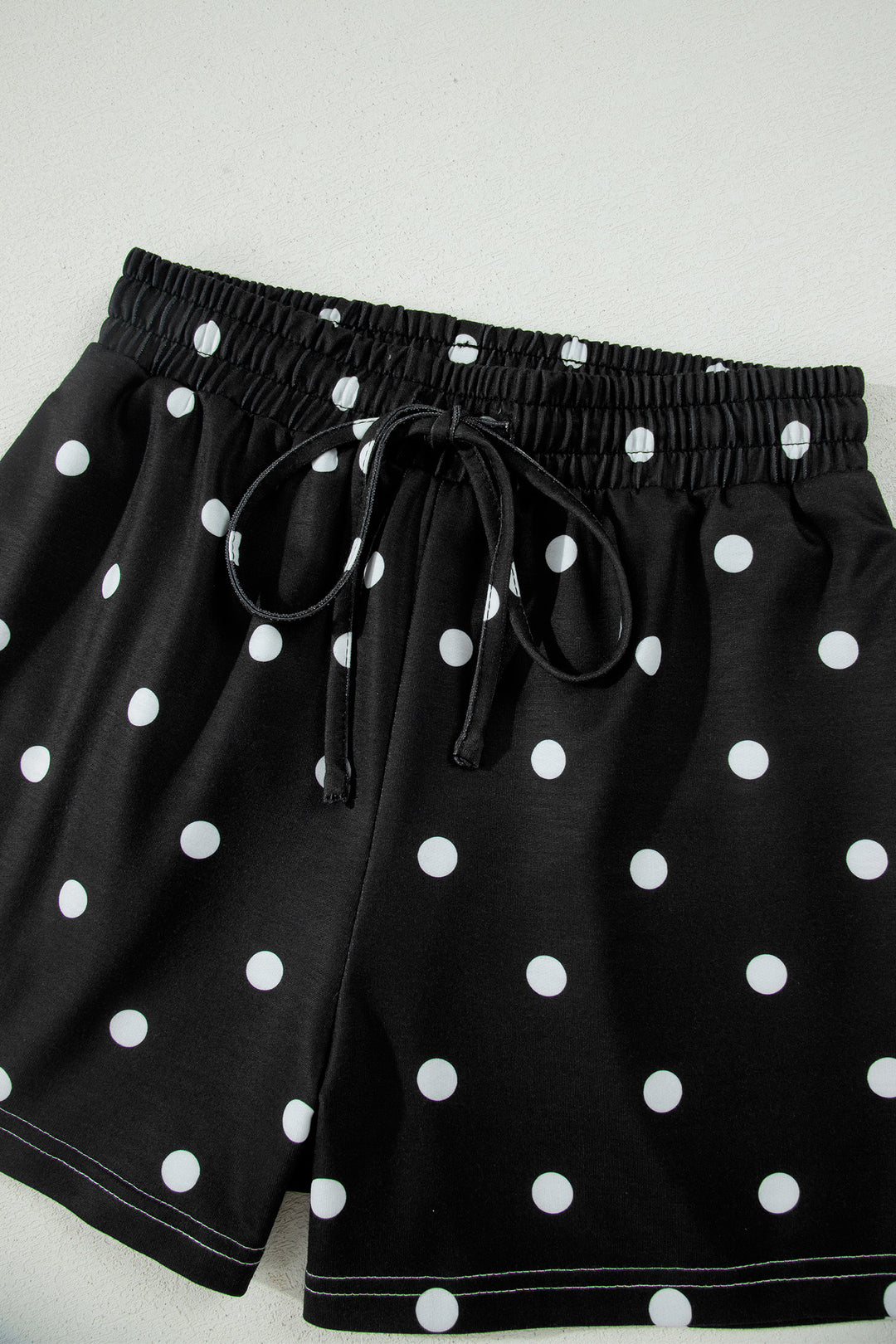 Black Polka Dot Short Sleeve Loose Top Drawstring Shorts Set