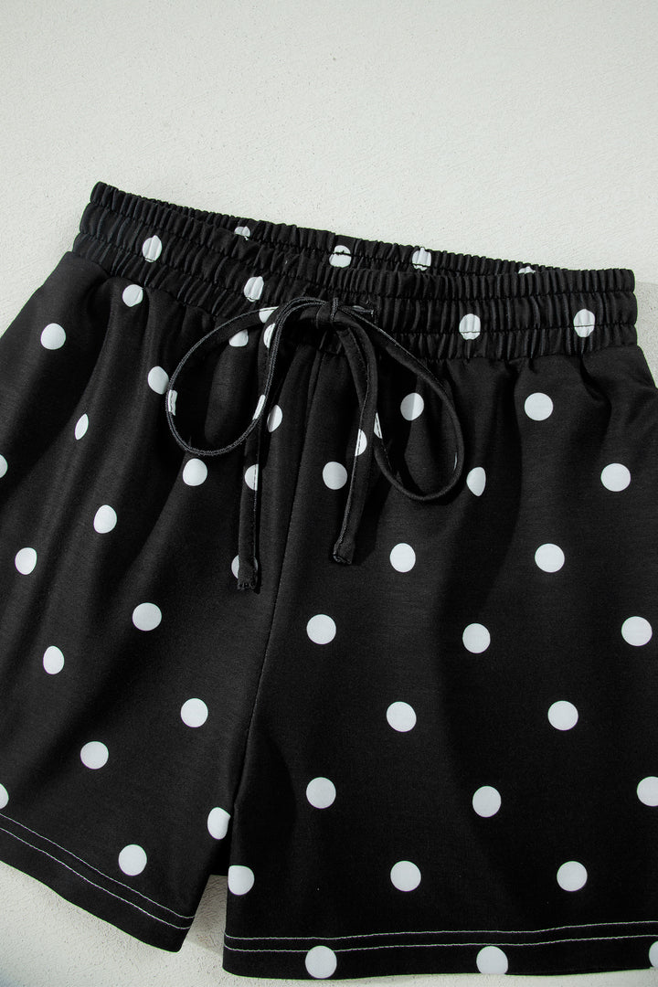 Black Polka Dot Short Sleeve Loose Top Drawstring Shorts Set