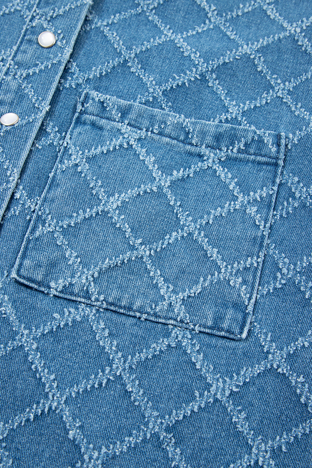 checkered textured short sleeve patched pocket denim shirt