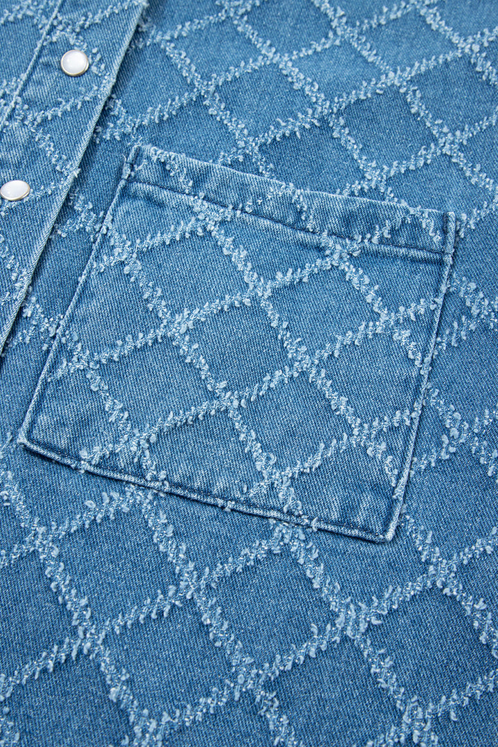 checkered textured short sleeve patched pocket denim shirt