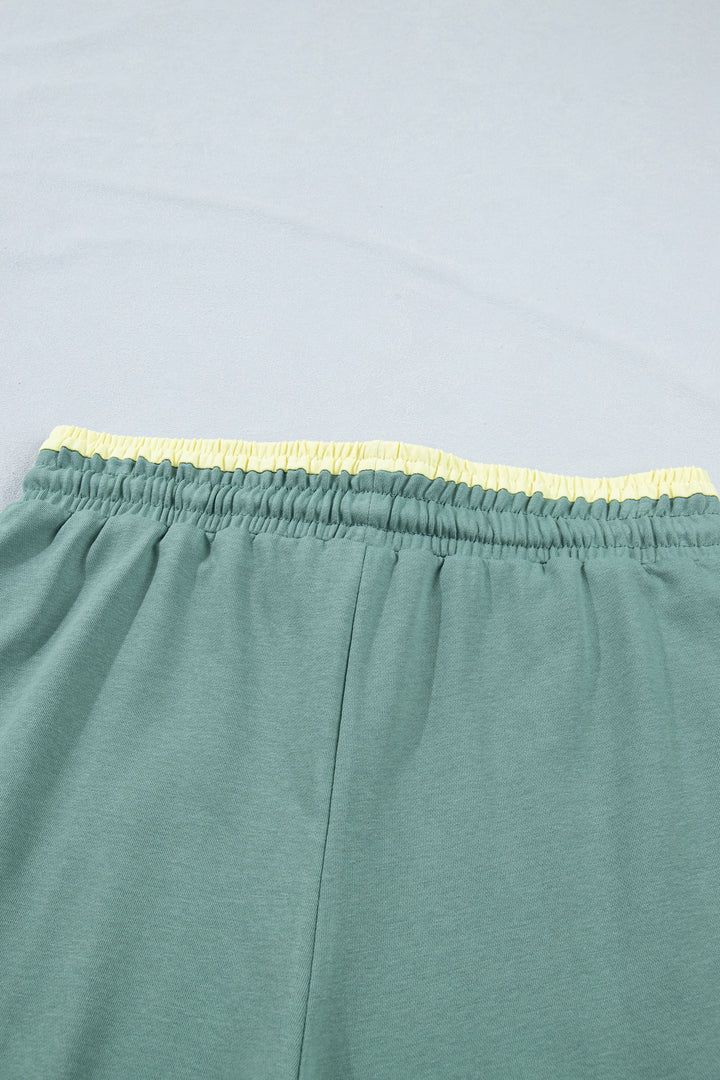Sea Green Color Block Flower Patchwork Drawstring Contrasted Elastic Waist Wide Leg Pants
