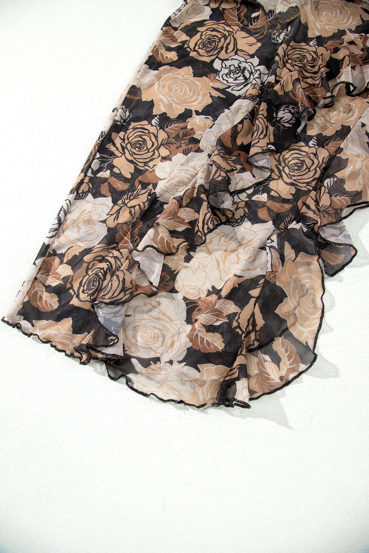 Chic Black Floral Long Sleeve Asymmetric Ruffle Split Hem Mesh Dress